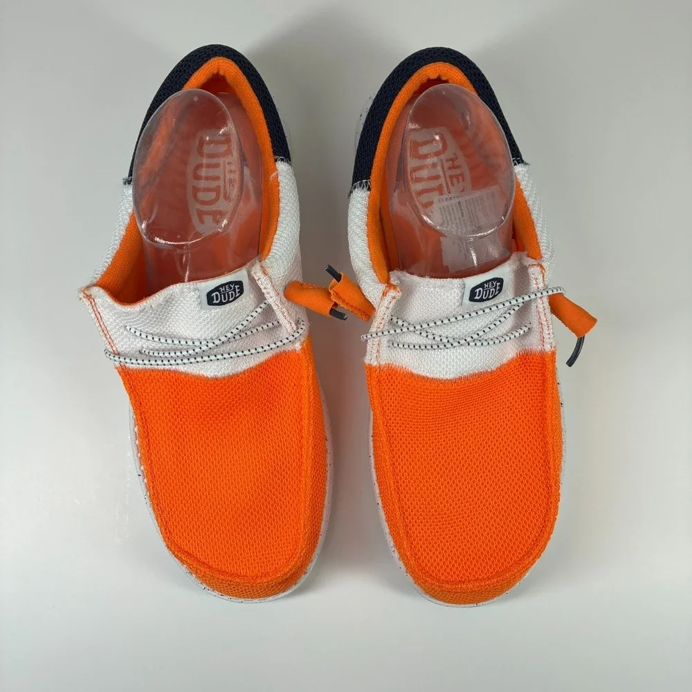 HEY DUDE Wally Tri Varsity Men's US 10 Orange White Mesh Casual Slip-On Shoes